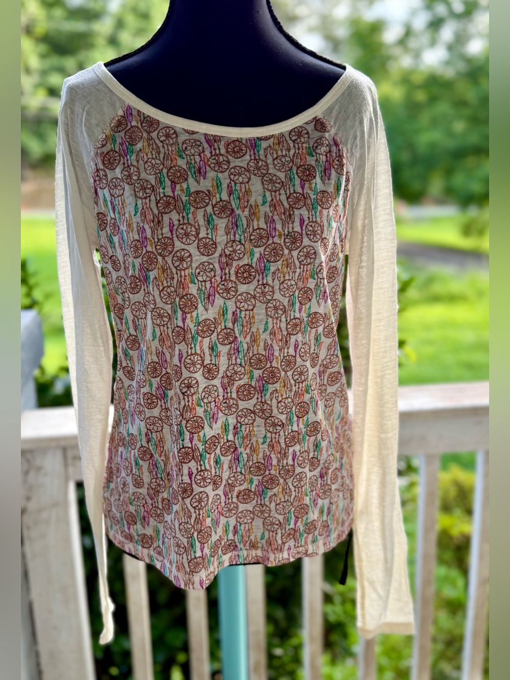 Vintage Y2K Dream Catcher Bohemian Print Raglan Top by Mudd Sz Med Hard to Find